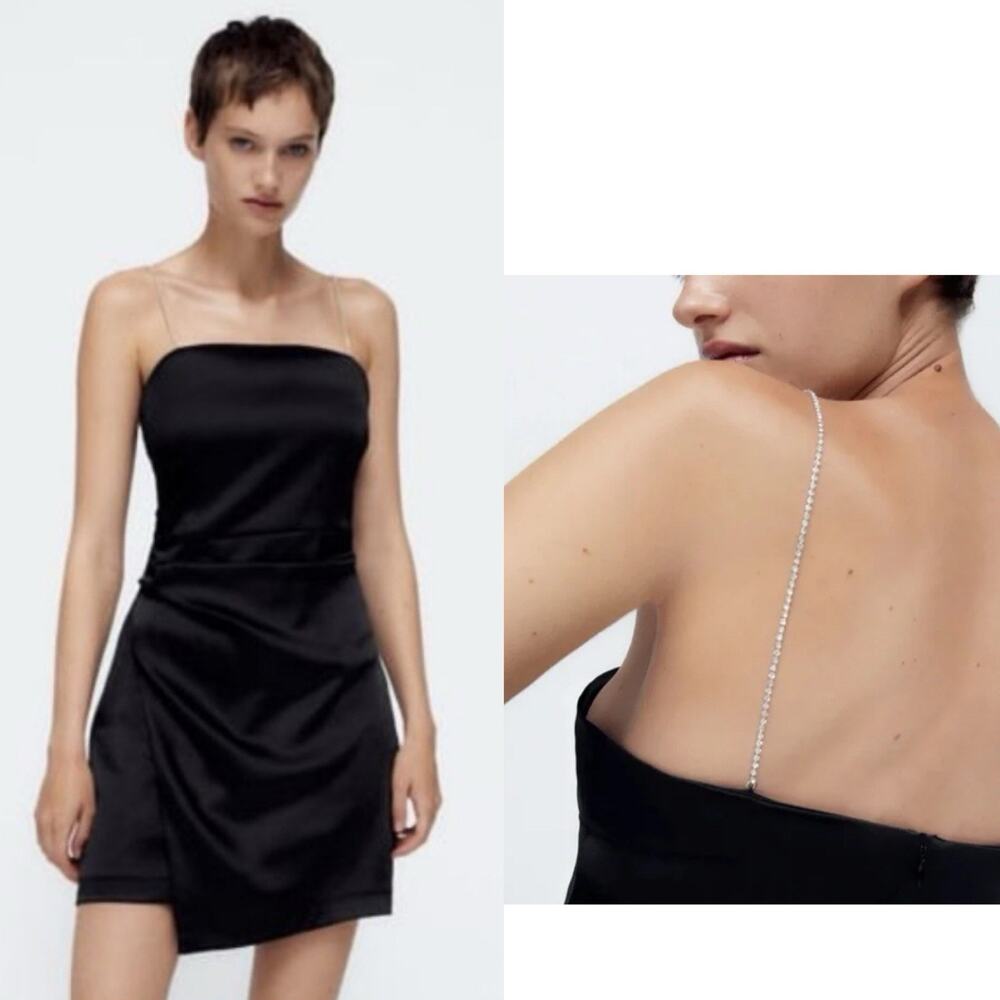 Zara Satin mini slip dress Rhinestones Jewel straps Black Size M party glam chic